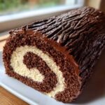 Close-up of a chocolate yule log cake showing the swirl of dark cake and light cream filling.