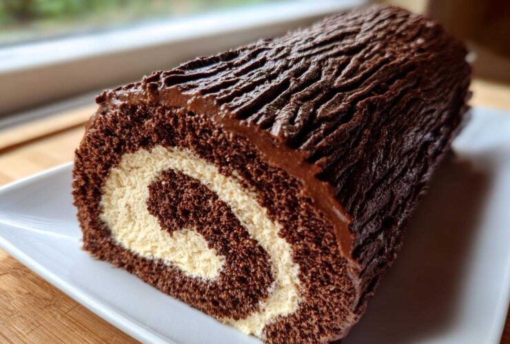 Close-up of a chocolate yule log cake showing the swirl of dark cake and light cream filling.