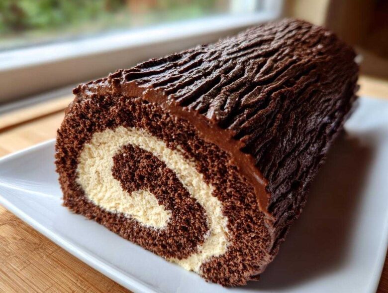Close-up of a chocolate yule log cake showing the swirl of dark cake and light cream filling.