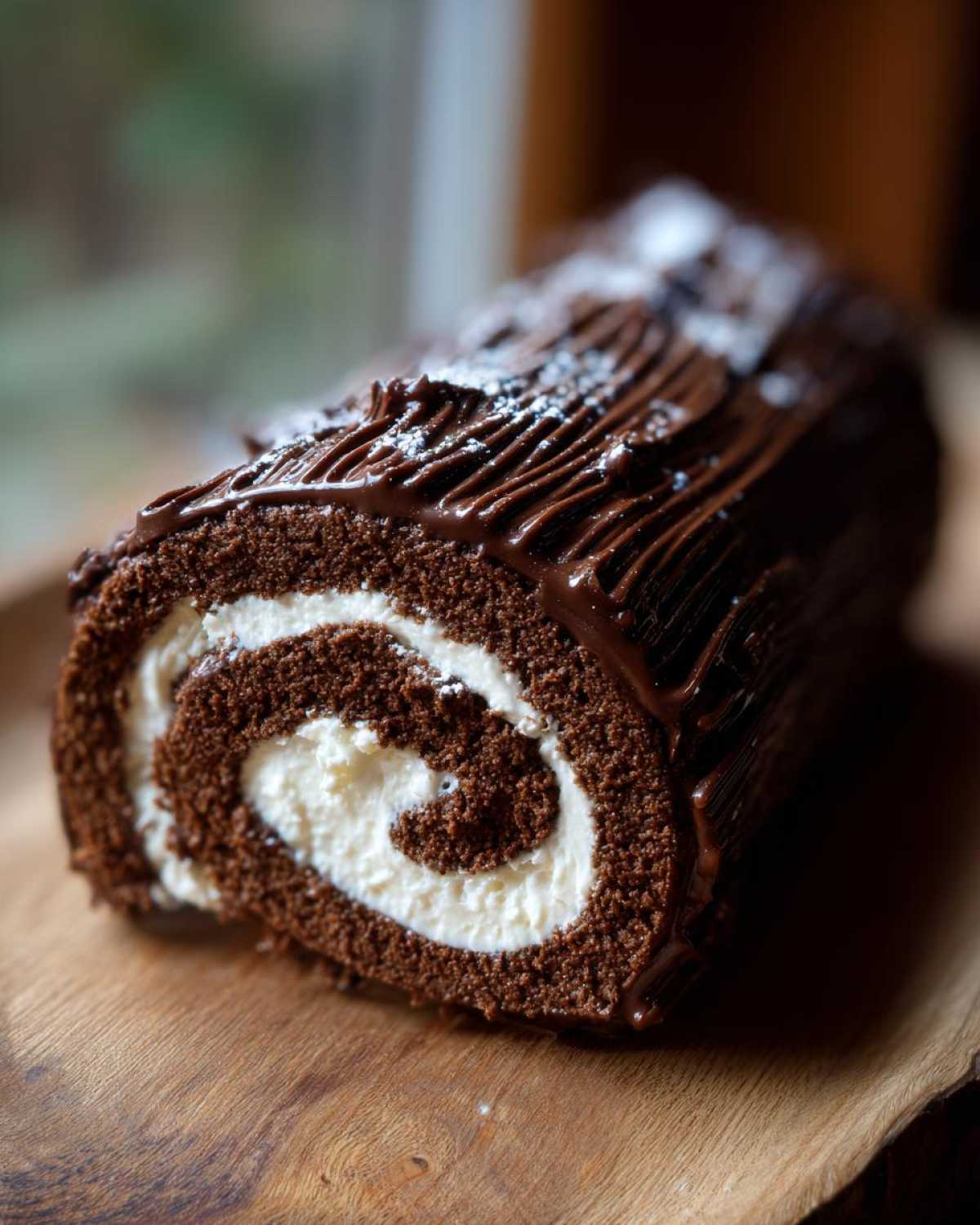 A rich chocolate yule log cake slice showing the swirl of dark cake and white cream filling, topped with chocolate ganache.