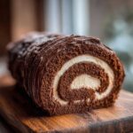 A rich chocolate yule log cake, sliced to show the perfect swirl of dark cake and white cream filling.