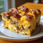 A close-up slice of a hearty Christmas breakfast casserole featuring sausage, bread, and melted, browned cheese topping.