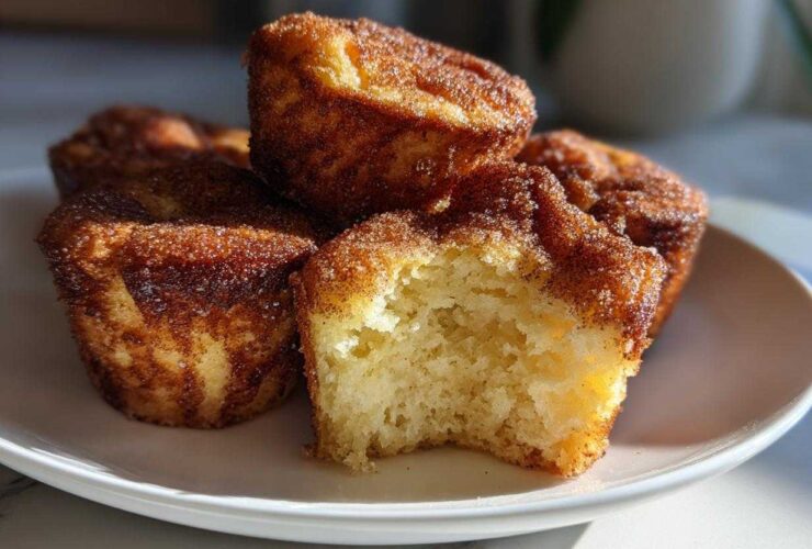 A stack of golden brown french toast muffins coated in cinnamon sugar, with one muffin showing a bite taken out.