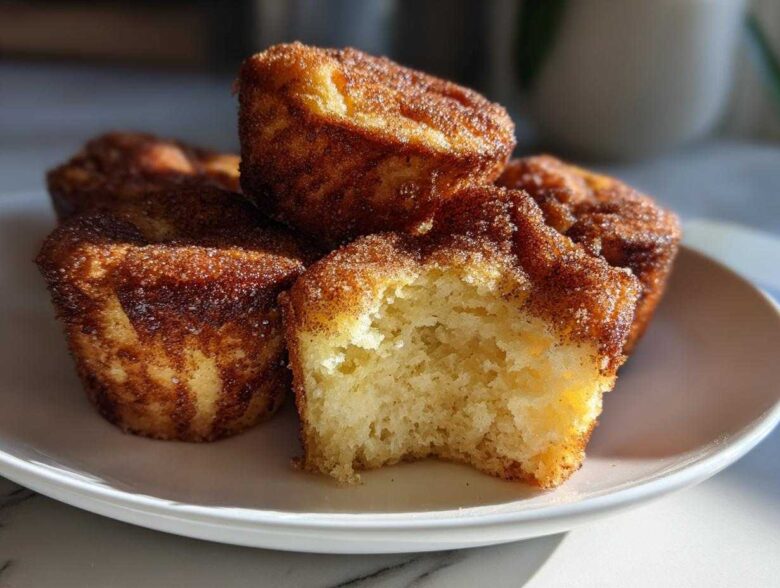 A stack of golden brown french toast muffins coated in cinnamon sugar, with one muffin showing a bite taken out.