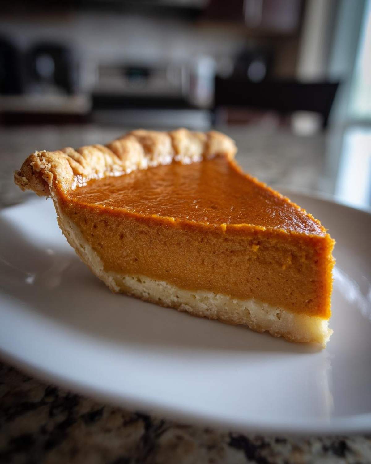 A perfect slice of classic pumpkin pie recipe with a rich orange filling and crimped crust on a white plate.