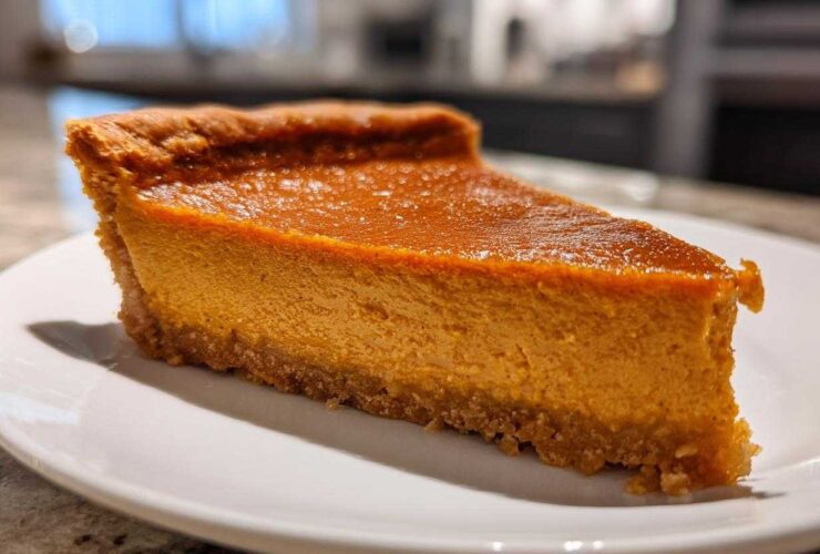 A thick slice of classic pumpkin pie recipe with a rich orange filling and a visible graham cracker crust, served on a white plate.