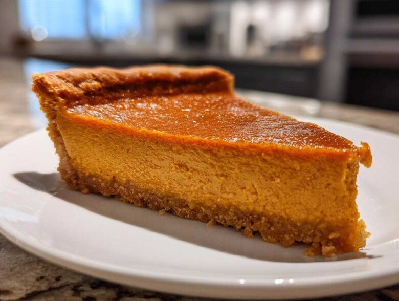 A thick slice of classic pumpkin pie recipe with a rich orange filling and a visible graham cracker crust, served on a white plate.