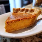 A close-up of a thick, creamy slice of classic pumpkin pie recipe on a white plate.