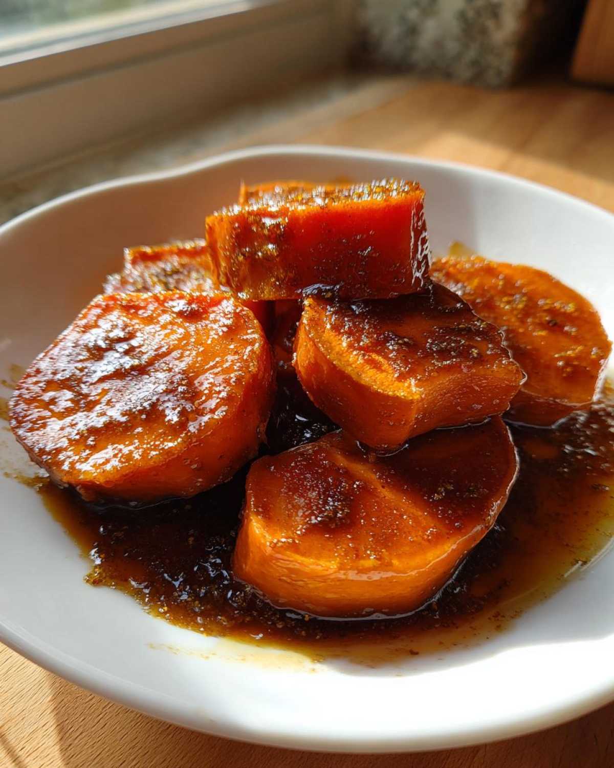 Close-up of thick-cut, glistening candied yams swimming in a rich, dark brown sugary syrup on a white plate.
