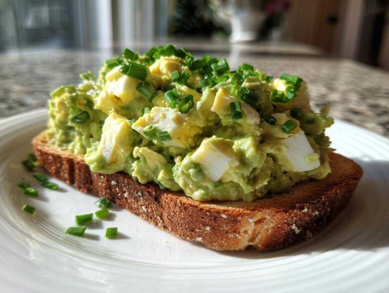 A generous serving of creamy avocado egg salad topped with fresh chives on a slice of toasted bread.