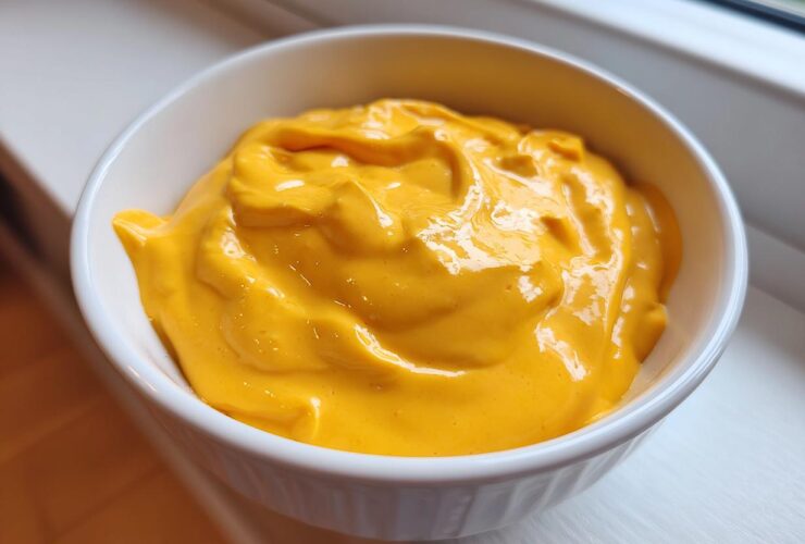 Close-up of smooth, vibrant orange beer cheese dip filling a small white bowl.
