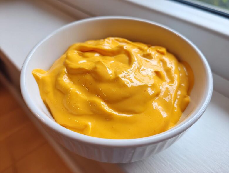 Close-up of smooth, vibrant orange beer cheese dip filling a small white bowl.