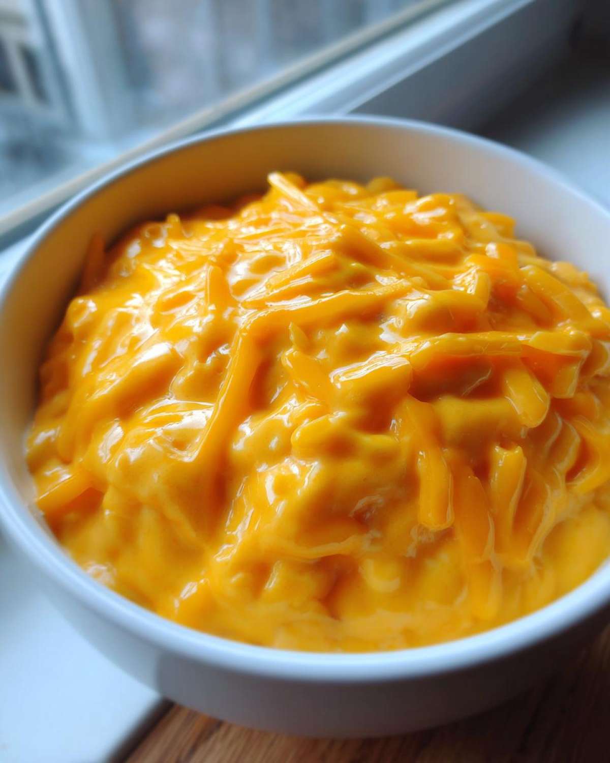 A close-up of a white bowl filled with rich, melted orange cheese sauce topped with unmelted shredded cheese for beer cheese dip.