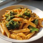 A close-up shot of creamy broccoli pasta featuring penne noodles coated in an orange-hued sauce with bright green broccoli florets.