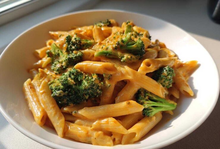 A close-up shot of creamy broccoli pasta featuring penne noodles coated in an orange-hued sauce with bright green broccoli florets.