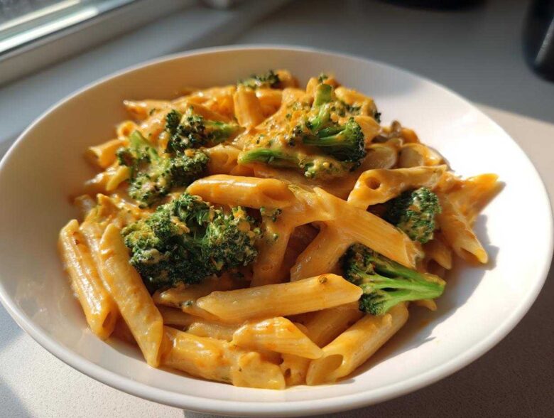 A close-up shot of creamy broccoli pasta featuring penne noodles coated in an orange-hued sauce with bright green broccoli florets.