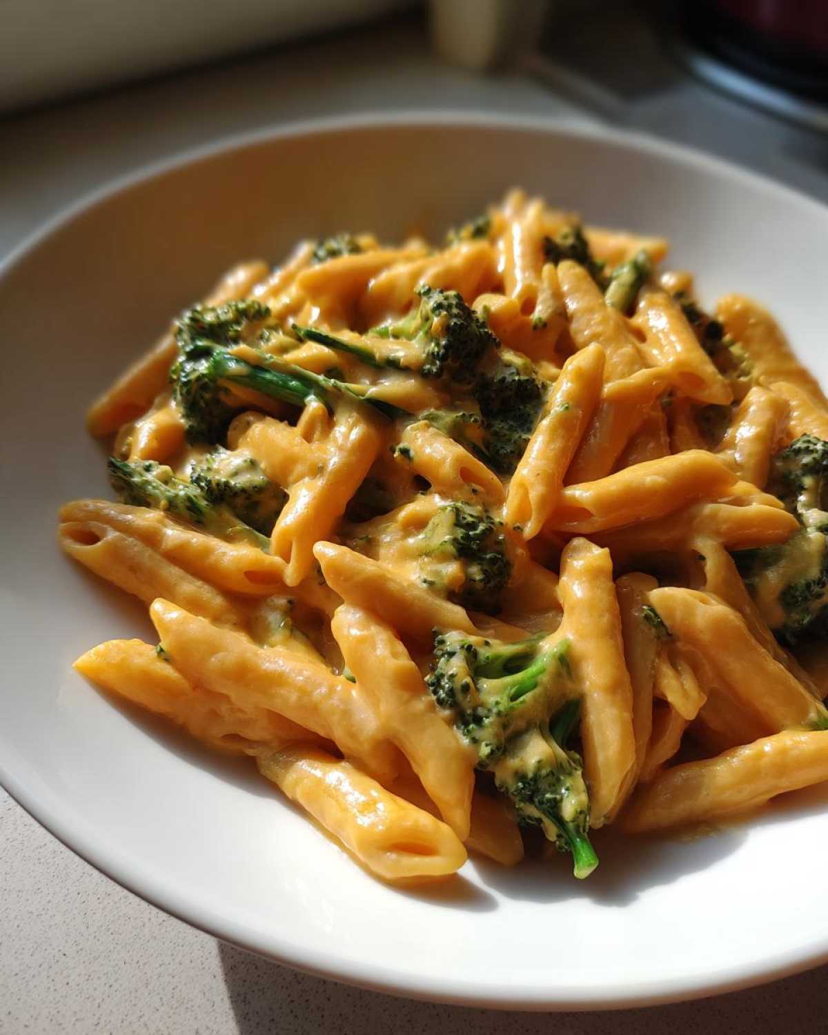 Close-up of creamy broccoli pasta featuring penne coated in a rich orange sauce with bright green broccoli florets.
