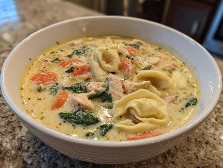 A close-up of a white bowl filled with creamy chicken tortellini soup featuring tortellini pasta, chicken pieces, spinach, and carrots.
