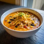 A close-up of creamy chicken tortilla soup topped with crispy tortilla strips, black beans, and corn.
