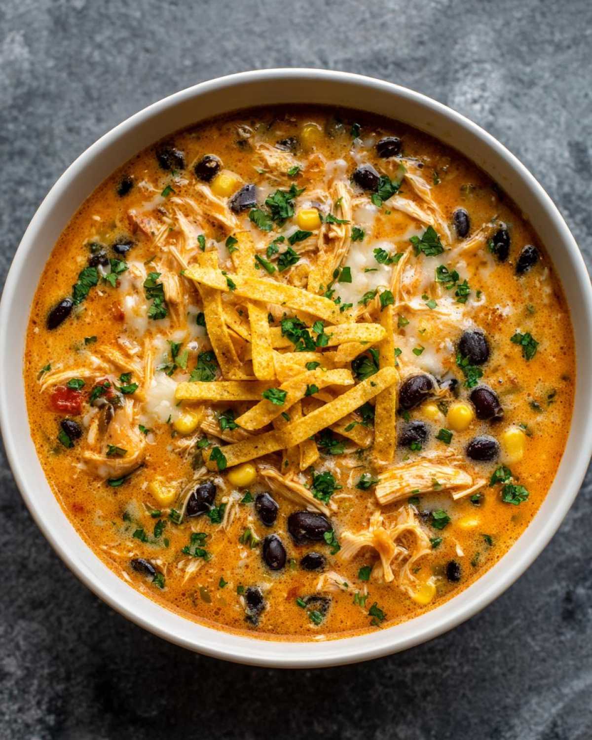 Overhead view of creamy chicken tortilla soup topped with black beans, corn, cheese, cilantro, and tortilla strips.