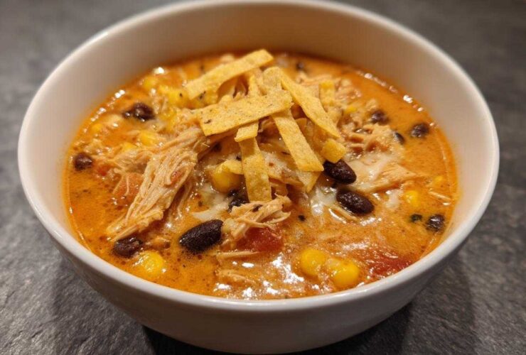 Close-up of creamy chicken tortilla soup topped with shredded chicken, black beans, corn, and tortilla strips.