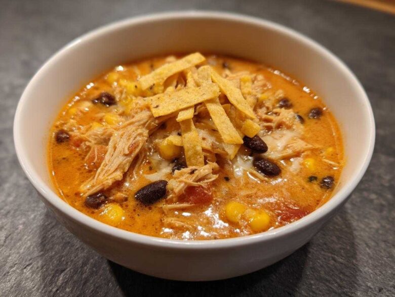 Close-up of creamy chicken tortilla soup topped with shredded chicken, black beans, corn, and tortilla strips.