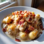 A bowl of creamy crack chicken gnocchi topped generously with crispy bacon bits and melted cheese.