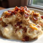 Close-up of creamy crack chicken gnocchi topped generously with crispy bacon bits and melted cheese.