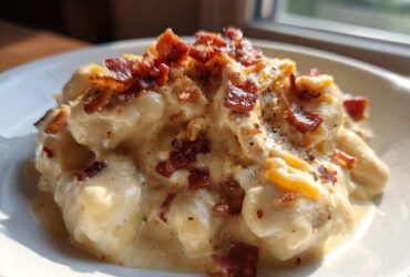 Close-up of creamy crack chicken gnocchi topped generously with crispy bacon bits and melted cheese.