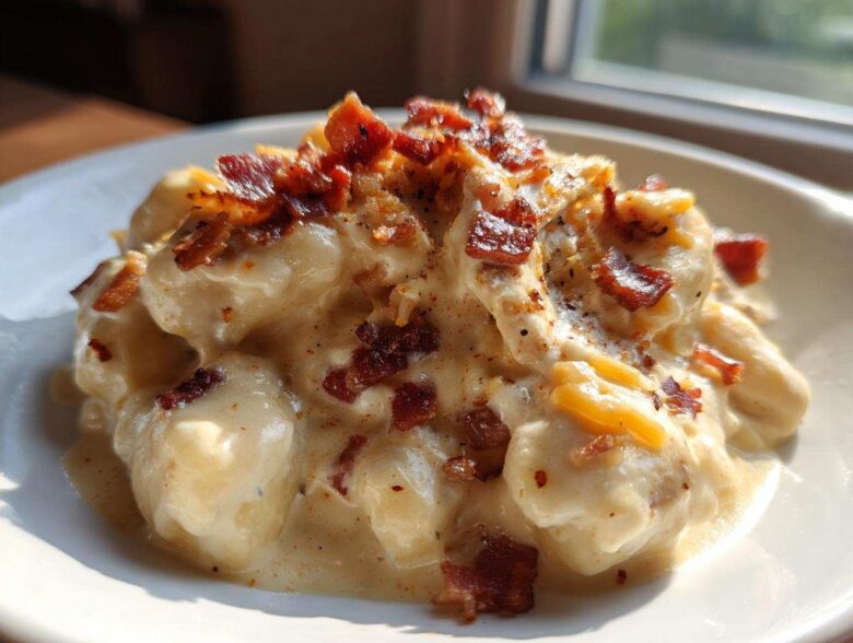 Close-up of creamy crack chicken gnocchi topped generously with crispy bacon bits and melted cheese.