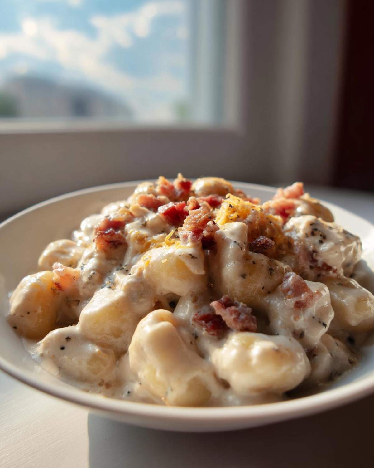 A close-up of creamy crack chicken gnocchi topped with crispy bacon bits and shredded cheese.