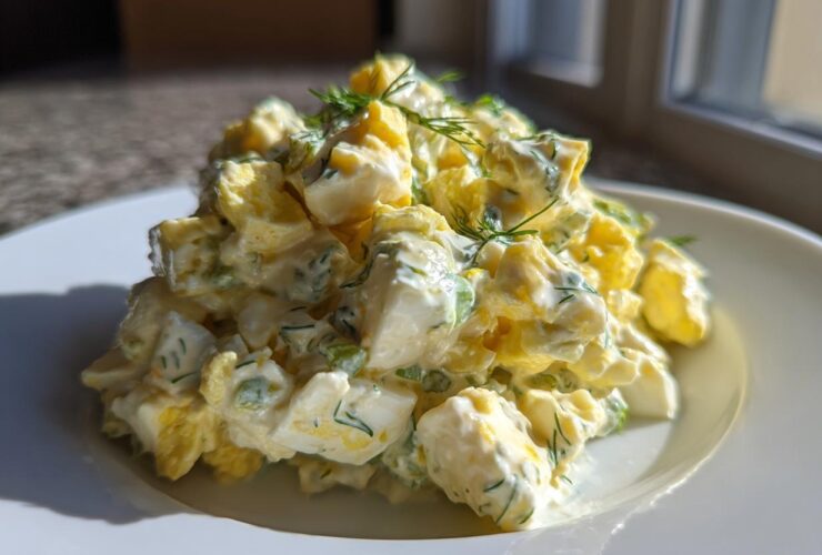 A generous mound of creamy egg salad recipe, featuring chopped eggs, mayonnaise dressing, and fresh dill, served on a white plate.