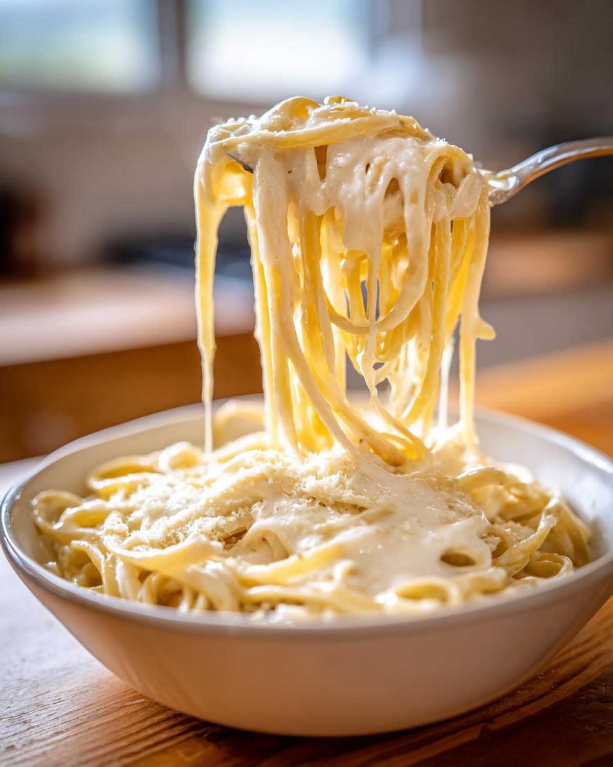 A fork lifting fettuccine noodles coated heavily in rich homemade alfredo sauce over a bowl of pasta.
