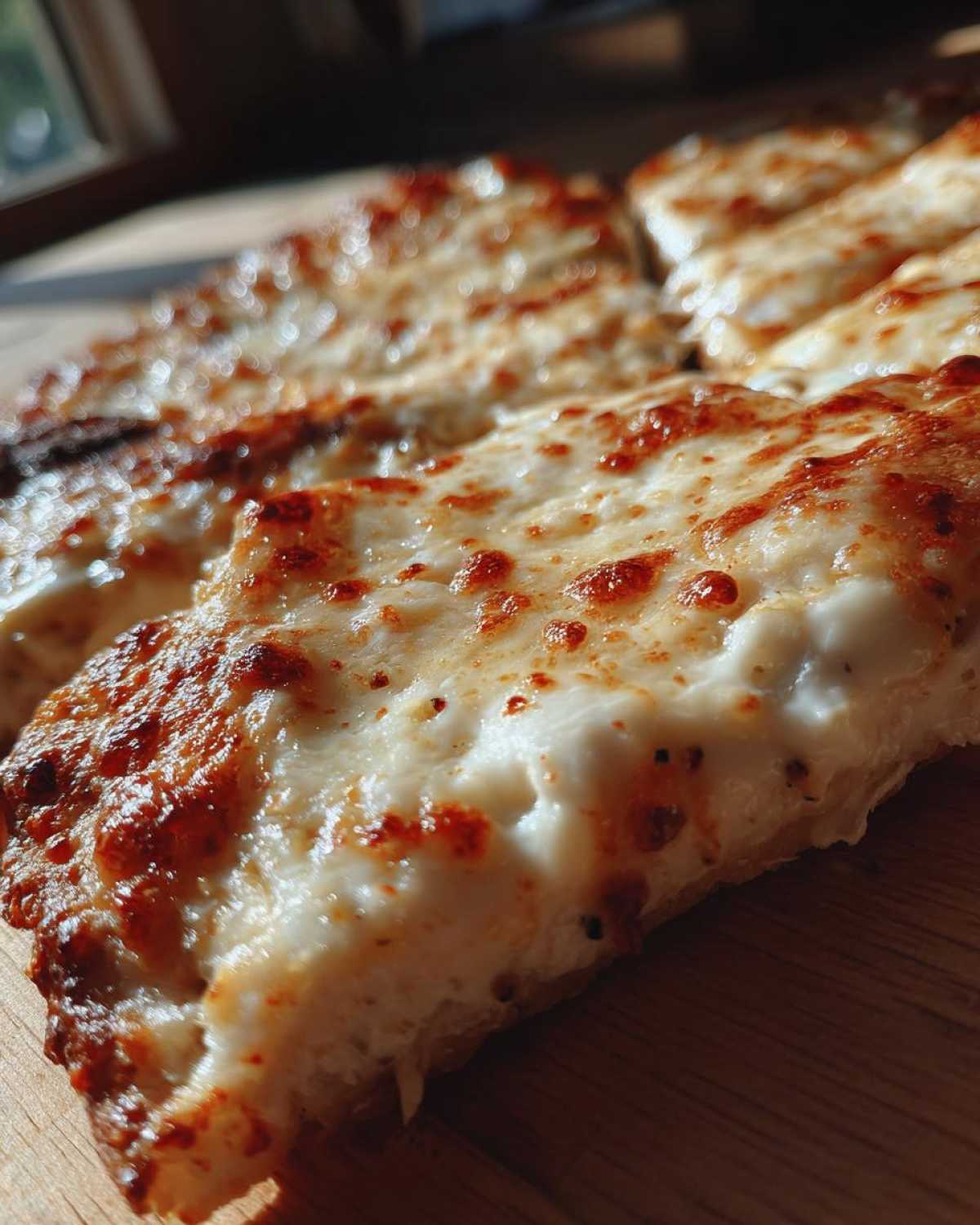Close-up, appetizing shot of a thick slice of creamy garlic white pizza with bubbly, browned mozzarella cheese.