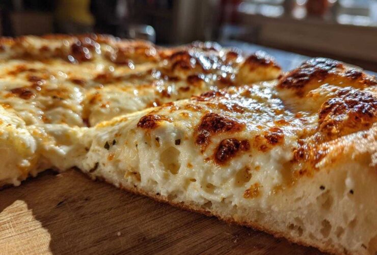 A thick slice of creamy garlic white pizza showing a bubbly, browned cheese top and airy crust.