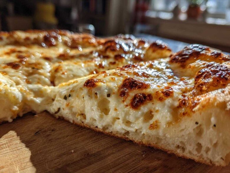 A thick slice of creamy garlic white pizza showing a bubbly, browned cheese top and airy crust.