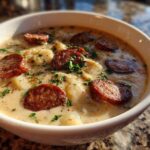 Close-up of a creamy kielbasa potato soup garnished with sliced smoked sausage and parsley.