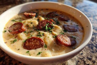 Close-up of a creamy kielbasa potato soup garnished with sliced smoked sausage and parsley.