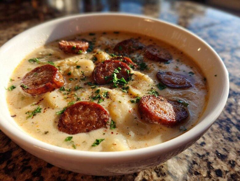 Close-up of a creamy kielbasa potato soup garnished with sliced smoked sausage and parsley.