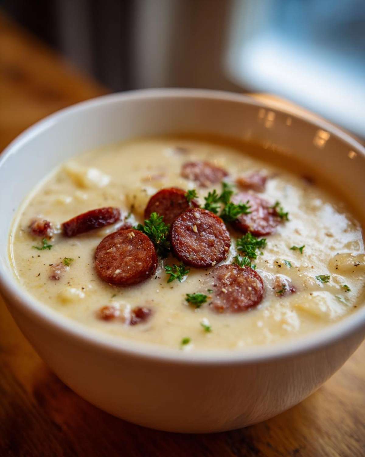 A close-up of a creamy kielbasa potato soup bowl, garnished with browned kielbasa slices and fresh parsley.