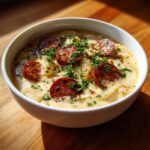 A close-up of creamy kielbasa potato soup topped with browned sausage slices and fresh parsley.