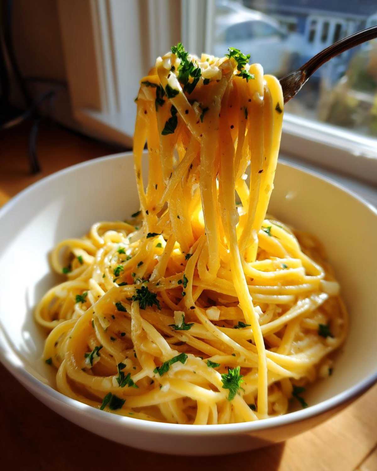 A fork lifting long strands of creamy lemon pasta coated in sauce and topped with fresh parsley.