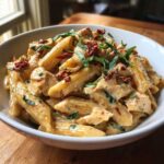 A close-up of creamy Marry Me Chicken Pasta with penne, topped with sun-dried tomatoes and fresh basil.