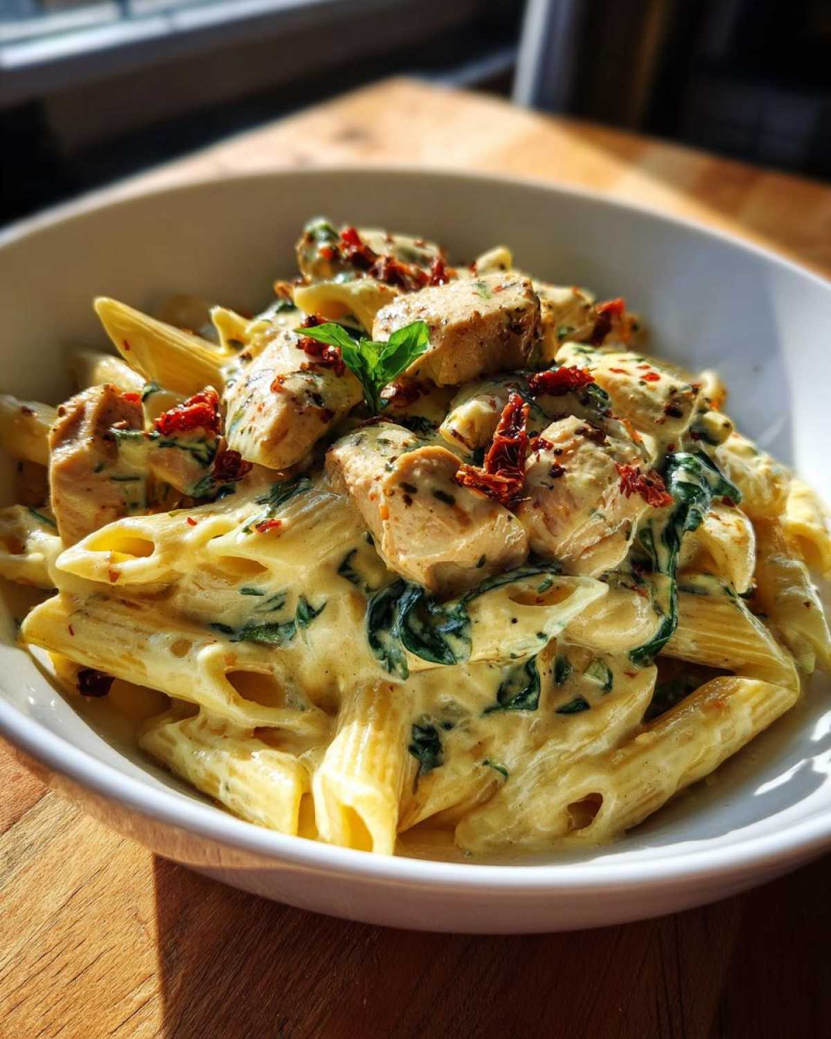 A close-up of creamy Marry Me Chicken Pasta featuring penne, chunks of seasoned chicken, spinach, and sun-dried tomatoes.