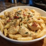 A close-up of creamy Marry Me Chicken Pasta featuring penne, chicken pieces, sun-dried tomatoes, and parsley garnish.