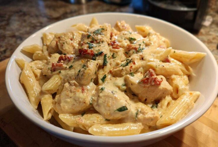 A close-up of creamy Marry Me Chicken Pasta featuring penne, chicken pieces, sun-dried tomatoes, and parsley garnish.