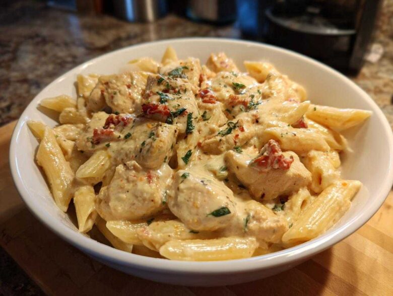 A close-up of creamy Marry Me Chicken Pasta featuring penne, chicken pieces, sun-dried tomatoes, and parsley garnish.