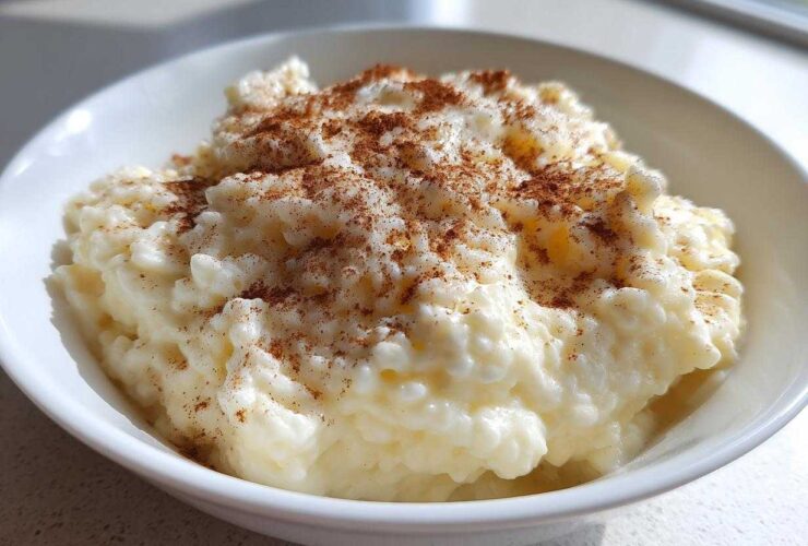 A close-up of creamy, old-fashioned rice pudding served in a white bowl and topped generously with ground cinnamon.