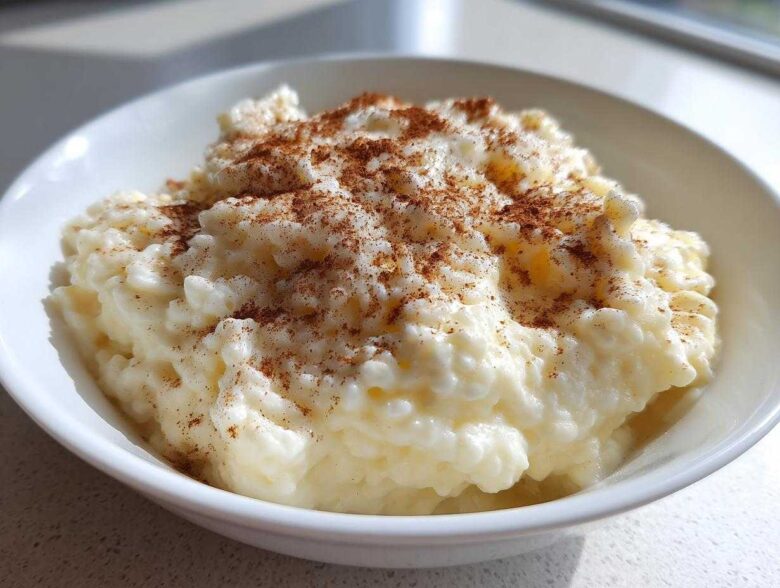 A close-up of creamy, old-fashioned rice pudding served in a white bowl and topped generously with ground cinnamon.