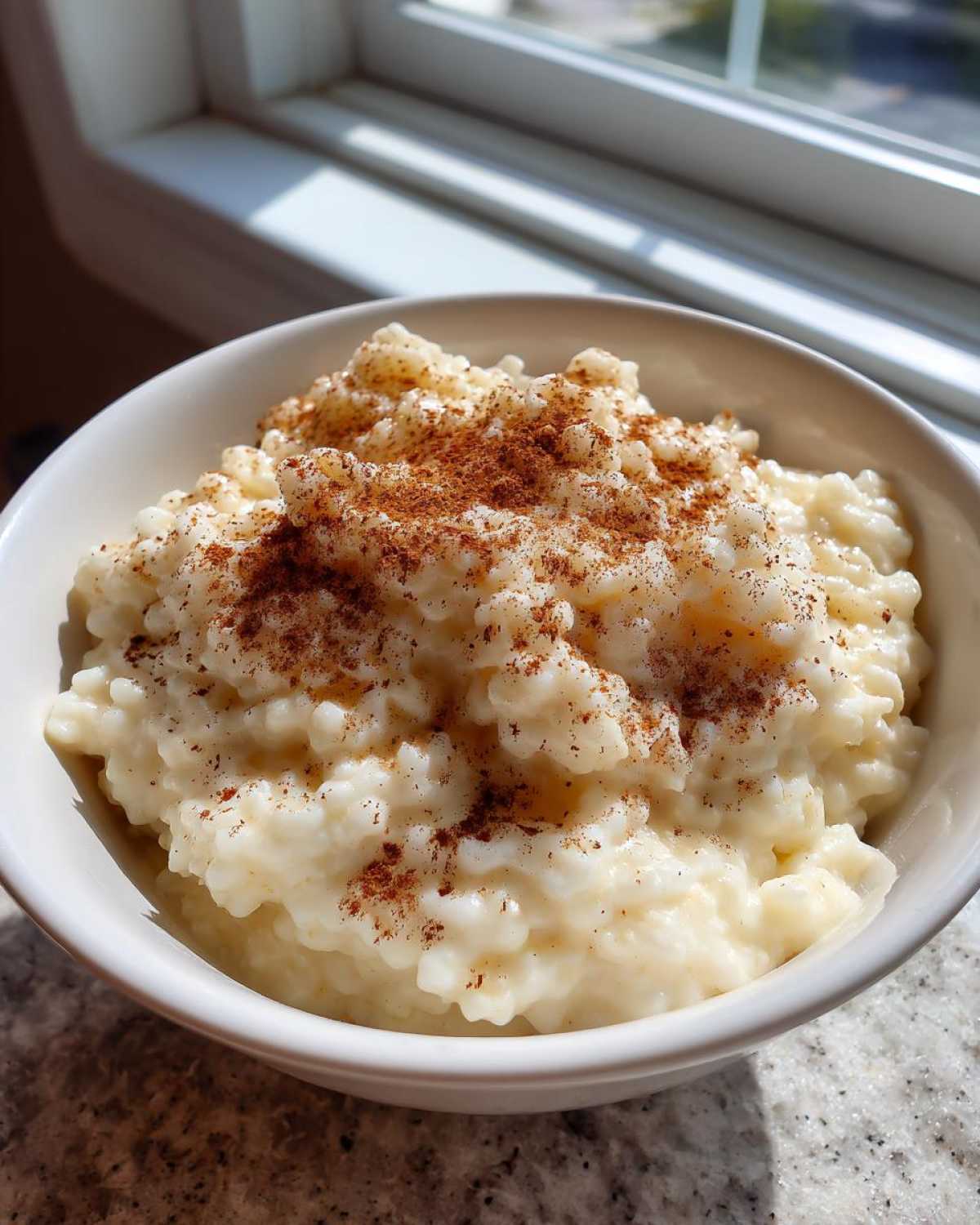 A close-up of creamy old-fashioned rice pudding topped generously with ground cinnamon in a white bowl.
